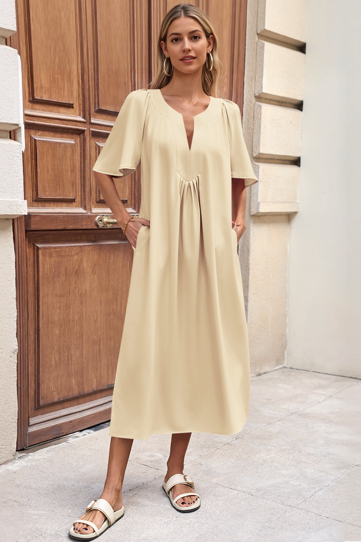Wenrine Womens Beige Flutter Side Slit Pleated Maxi Dress