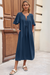 Wenrine Womens Navy Flutter Side Slit Pleated Maxi Dress