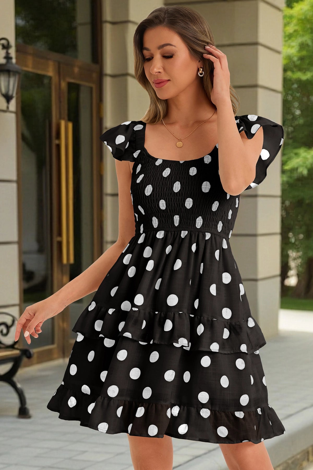 Wenrine Women Black Ruffle Layered Swingh Babydoll Sundress