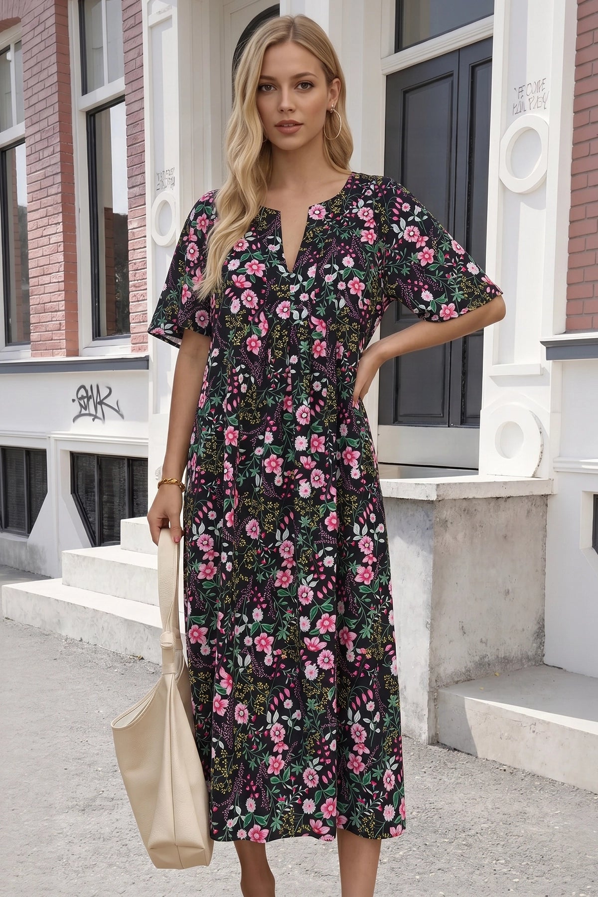 Wenrine Womens Black Flutter Floral Side Slit Pleated Maxi Dress