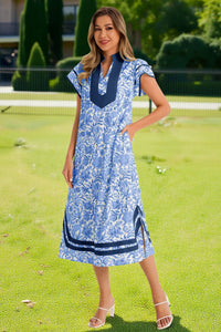 Wenrine Womens Blue Color Block Side Slit Beach Dress