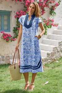 Wenrine Womens Blue Color Block Side Slit Beach Dress