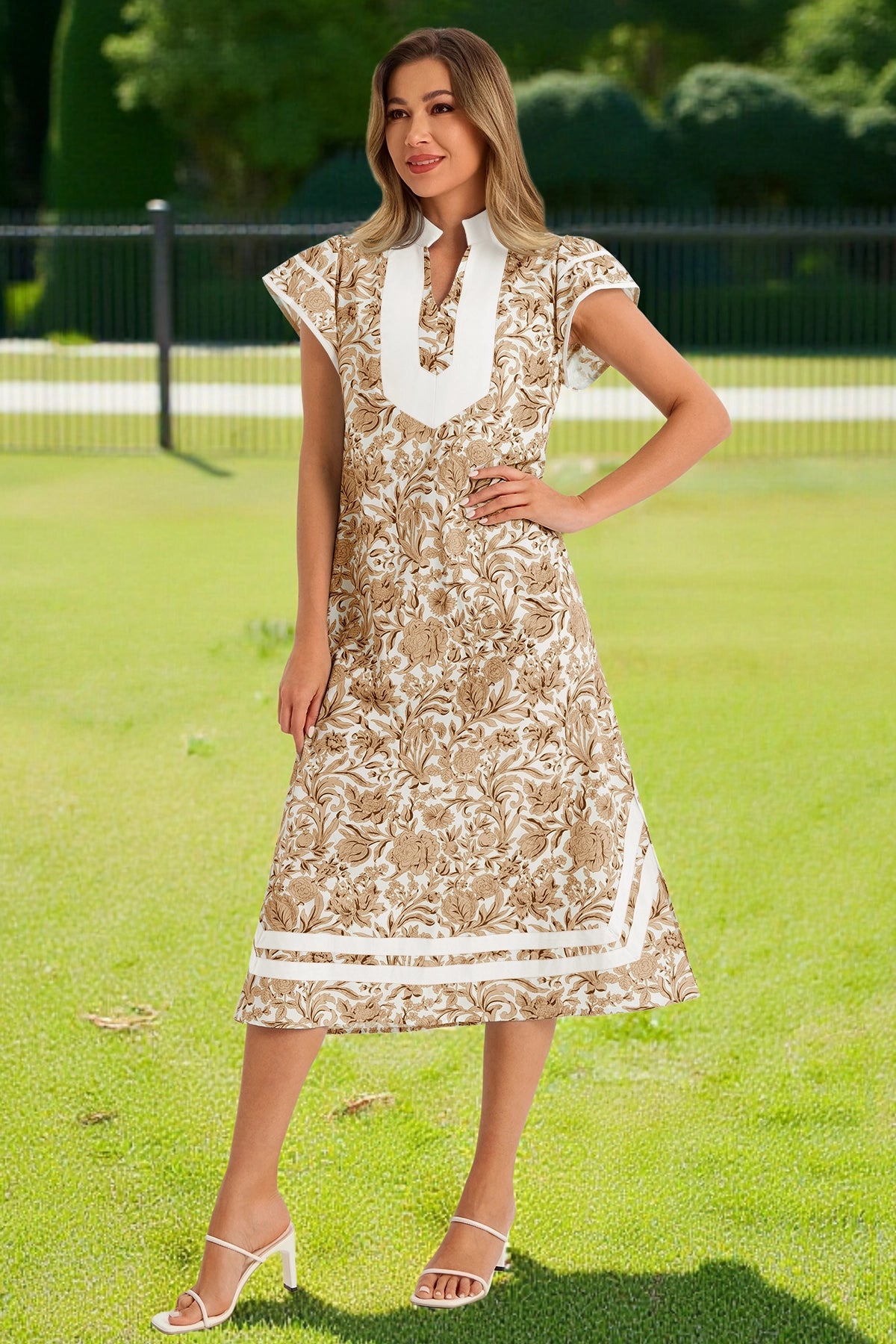 Wenrine Womens Brown Color Block Side Slit Beach Dress