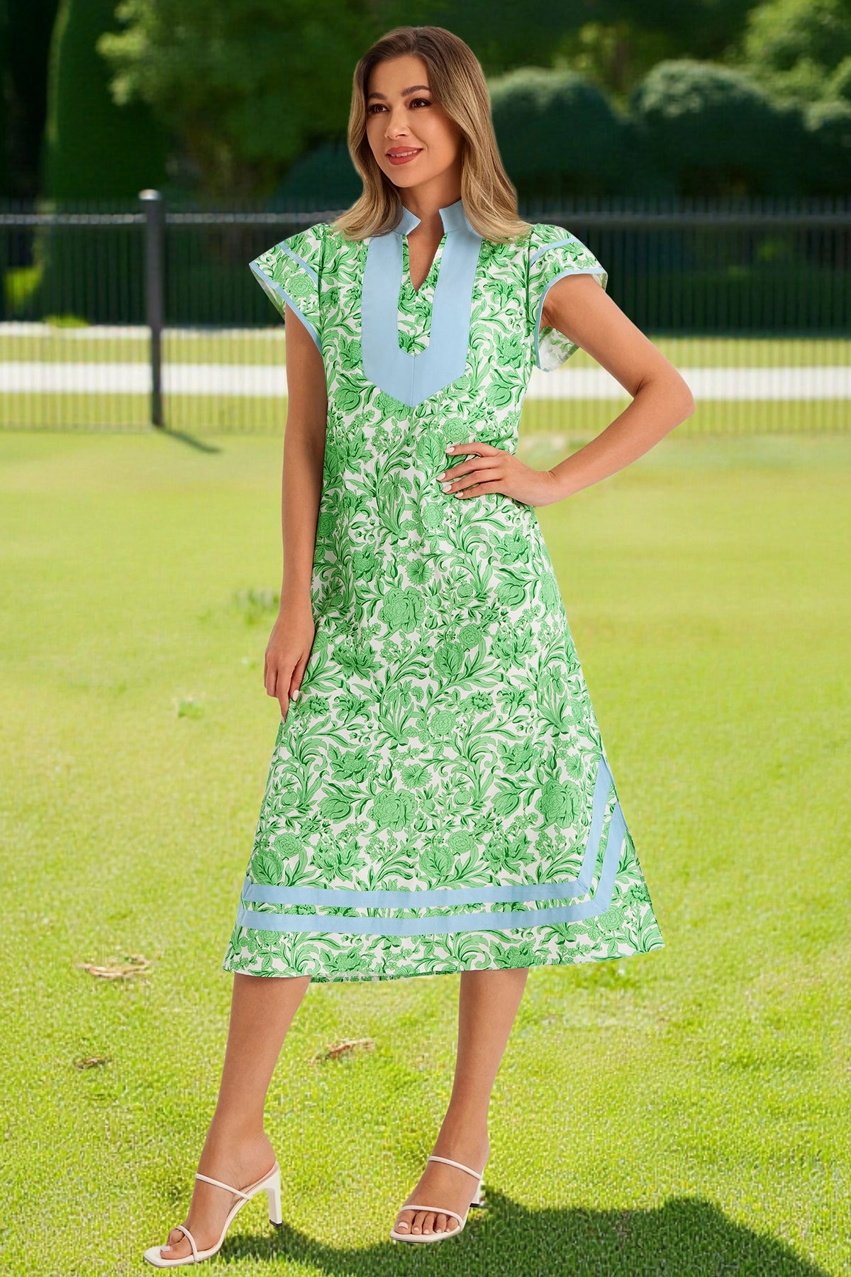 Wenrine Womens Olive Drab Color Block Side Slit Beach Dress