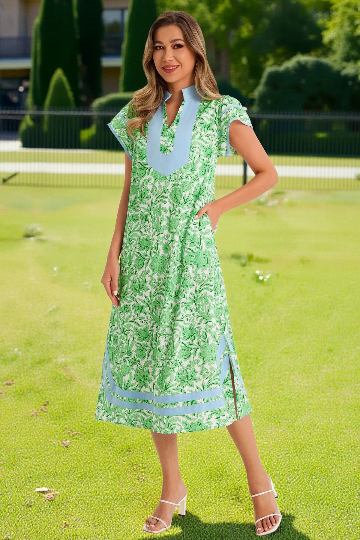 Wenrine Womens Olive Drab Color Block Side Slit Beach Dress