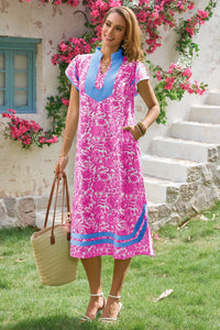 Wenrine Womens Pink Color Block Side Slit Beach Dress