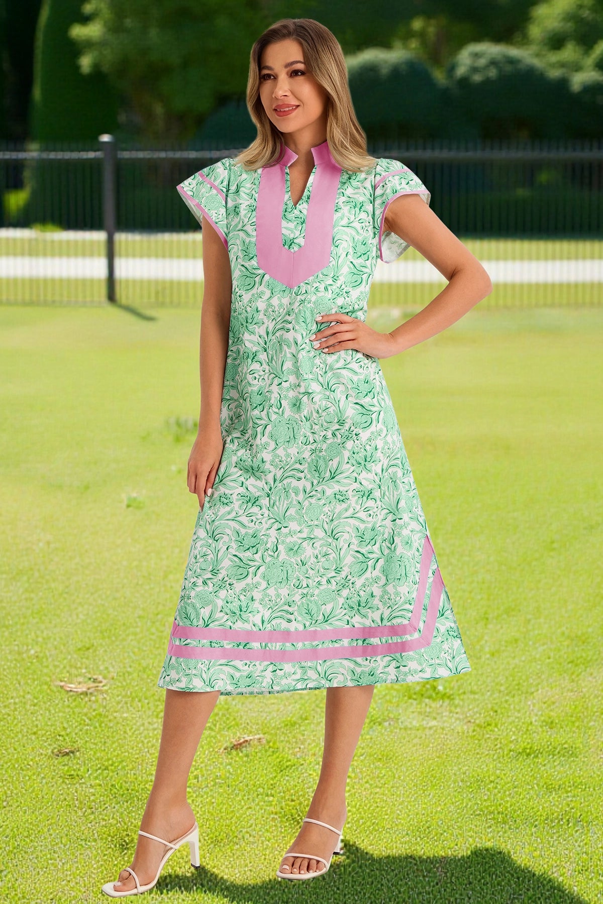 Wenrine Womens Green Color Block Side Slit Beach Dress