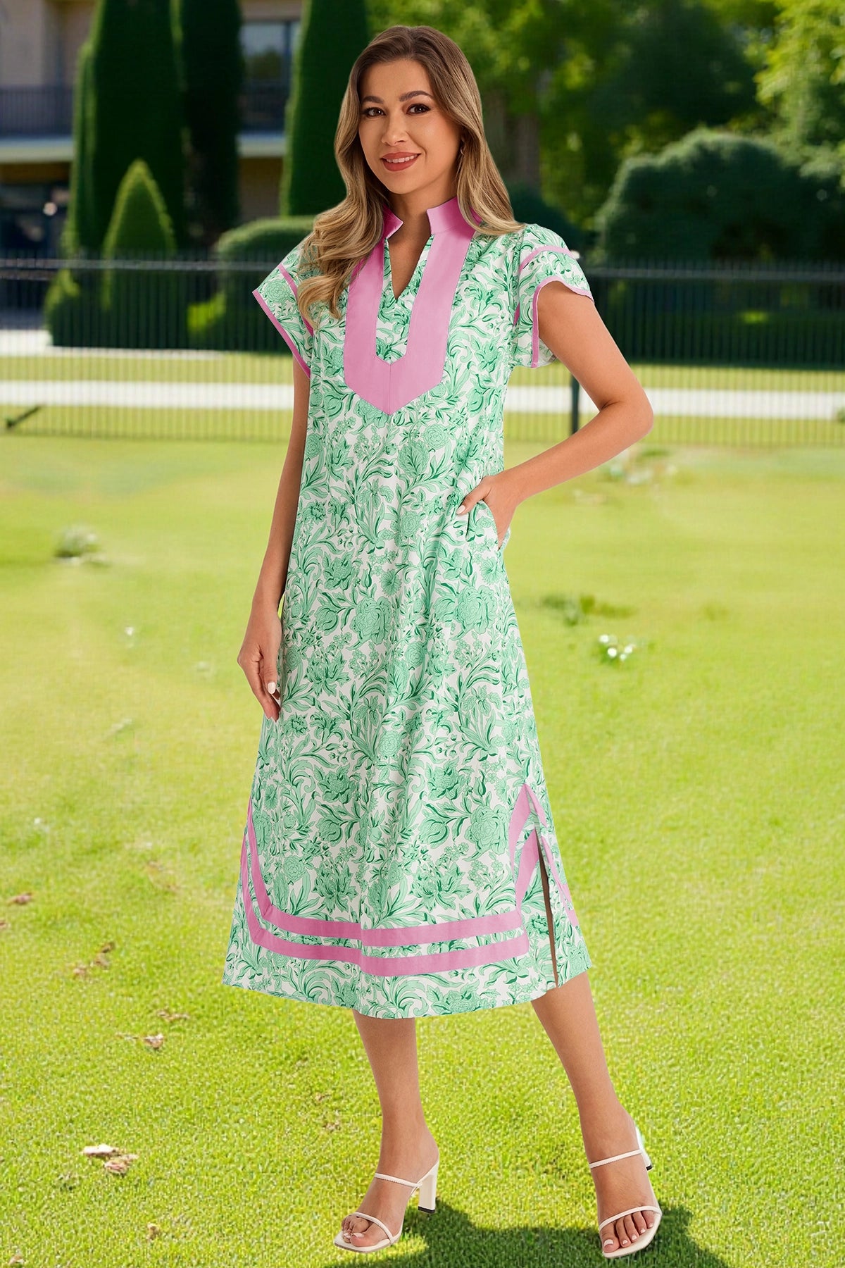 Wenrine Womens Green Color Block Side Slit Beach Dress