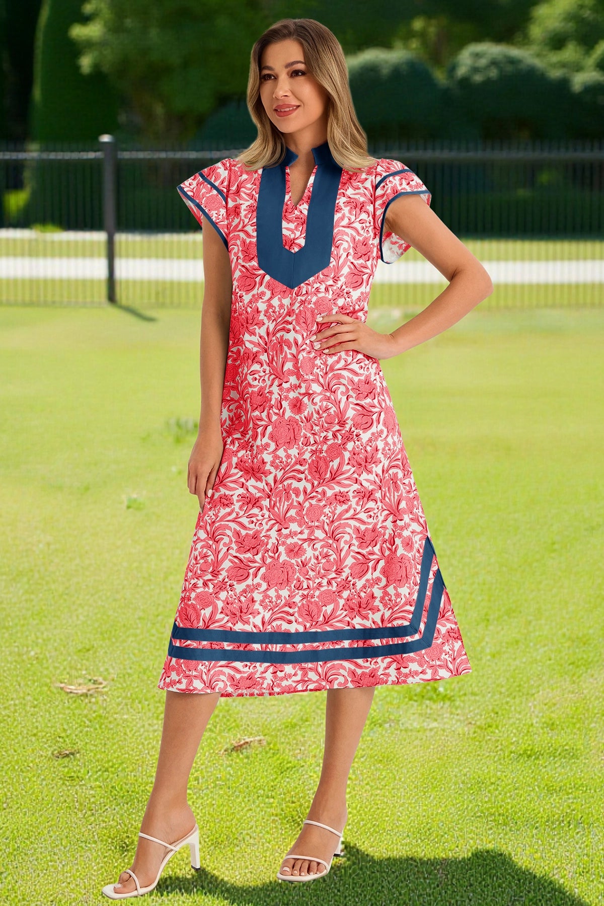 Wenrine Womens Red Color Block Side Slit Beach Dress