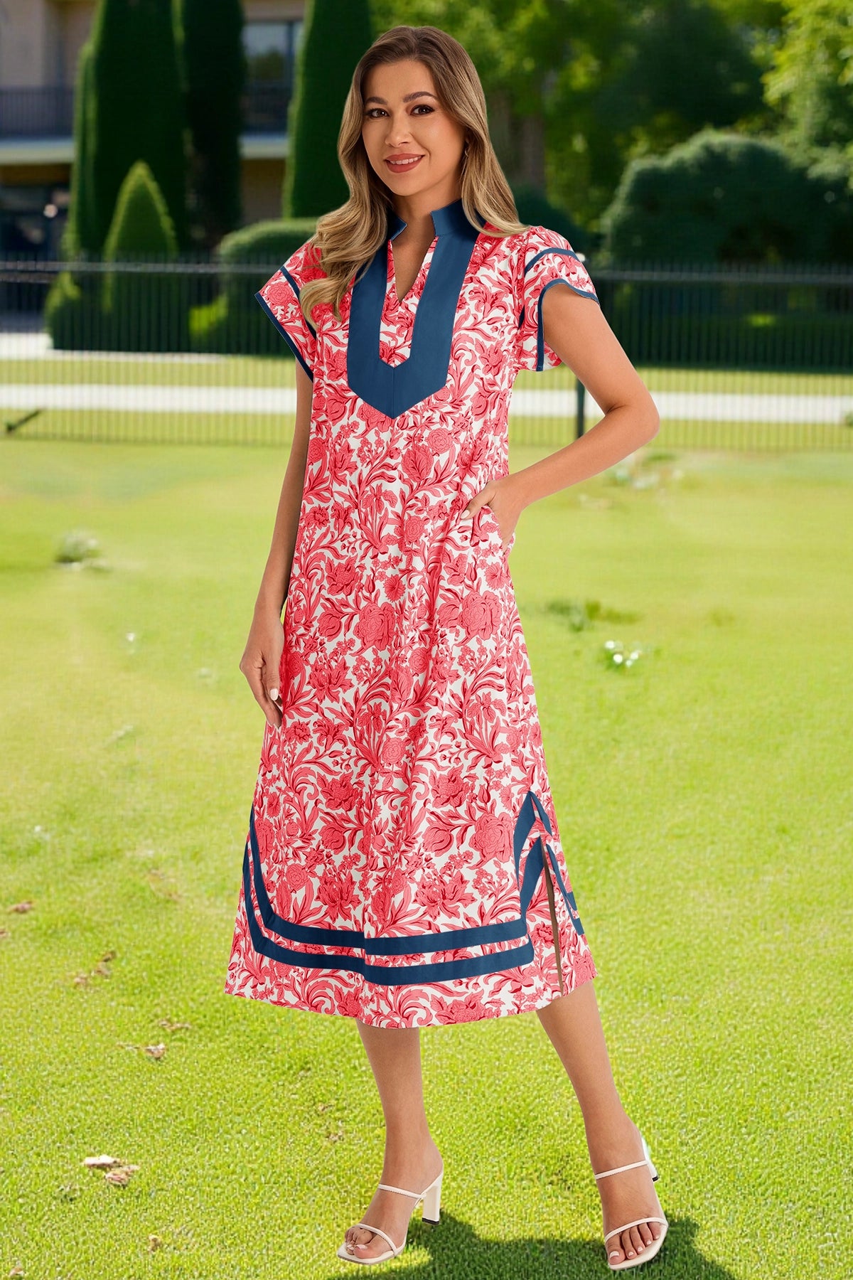 Wenrine Womens Red Color Block Side Slit Beach Dress