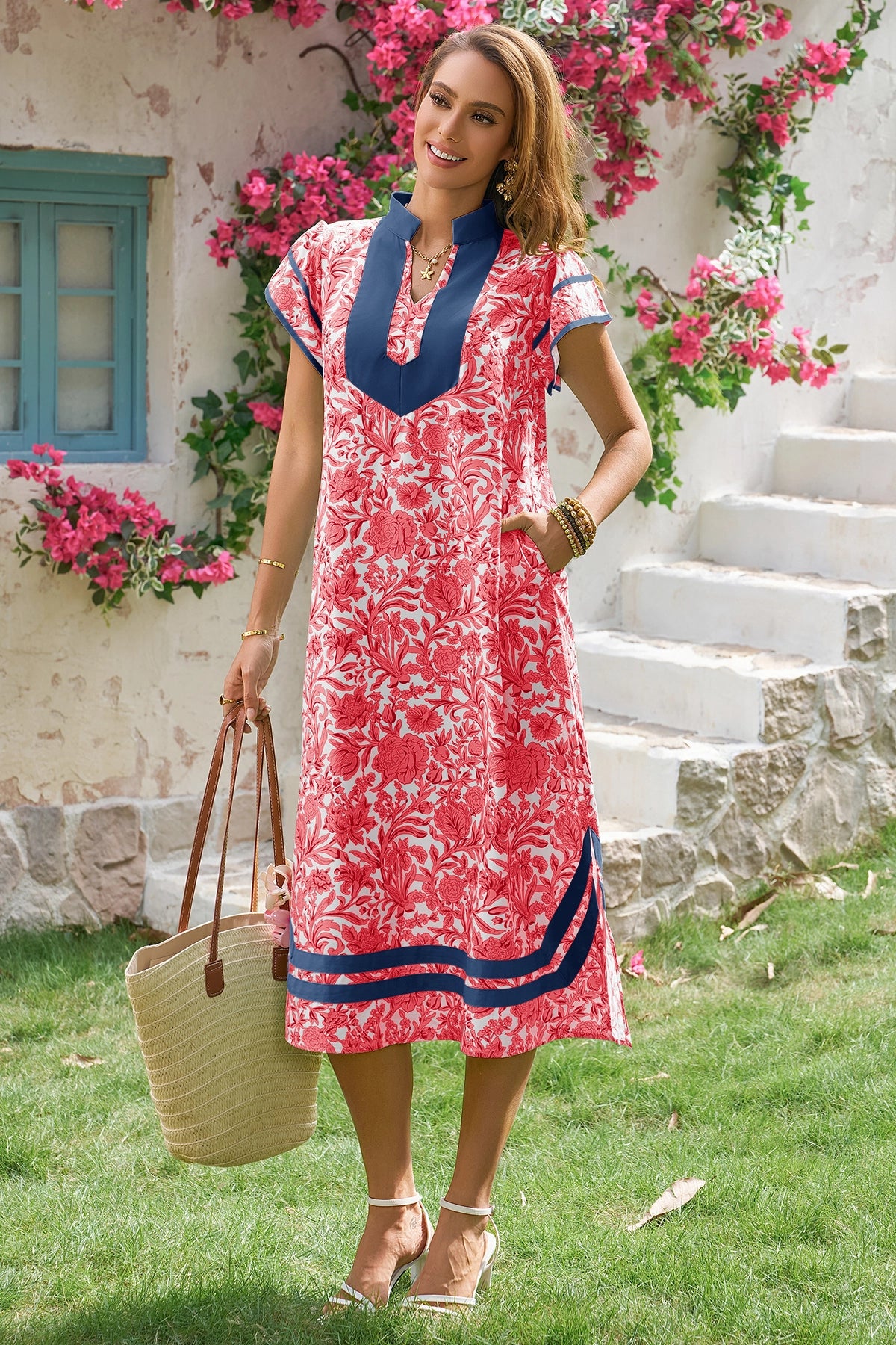 Wenrine Womens Red Color Block Side Slit Beach Dress