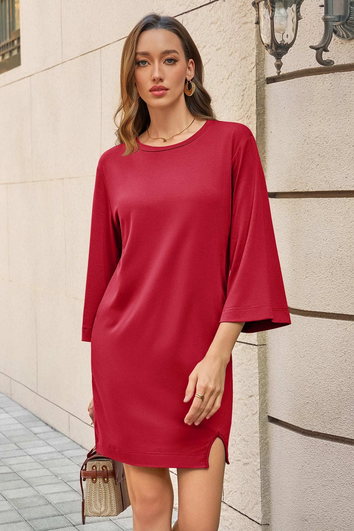 Wenrine Womens Red Slit Loose Shift T Shirt Dress