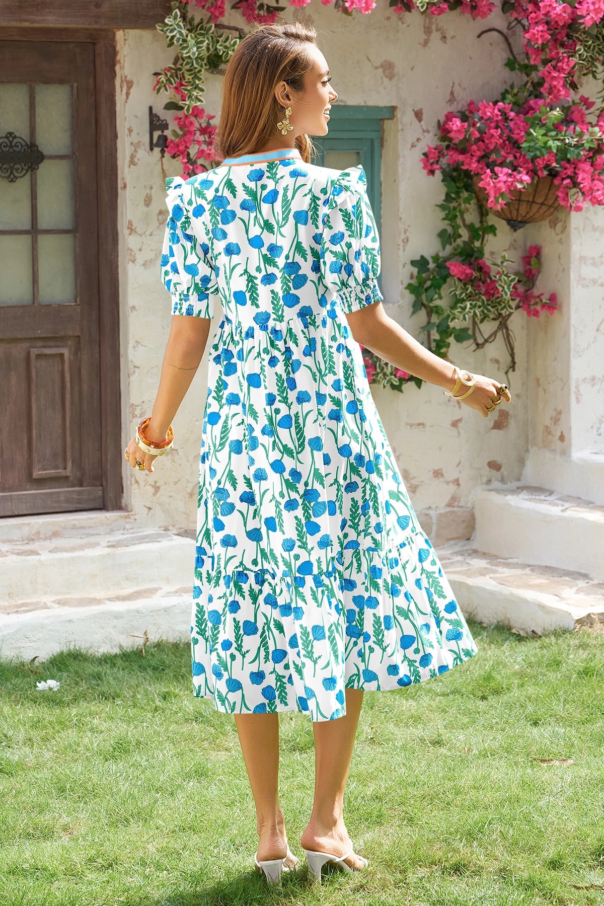 Wenrine Womens Blue Floral Swing Flowy Midi Beach Dress