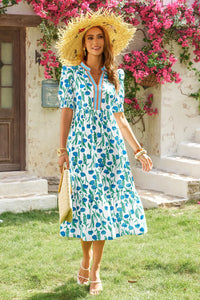 Wenrine Womens Blue Floral Swing Flowy Midi Beach Dress