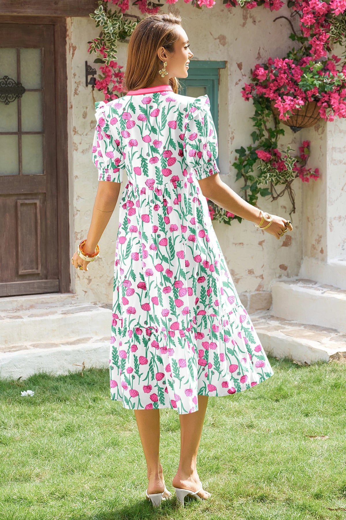 Wenrine Womens White Floral Swing Flowy Midi Beach Dress