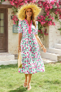 Wenrine Womens White Floral Swing Flowy Midi Beach Dress