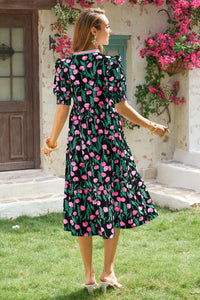 Wenrine Womens Black Floral Swing Flowy Midi Beach Dress