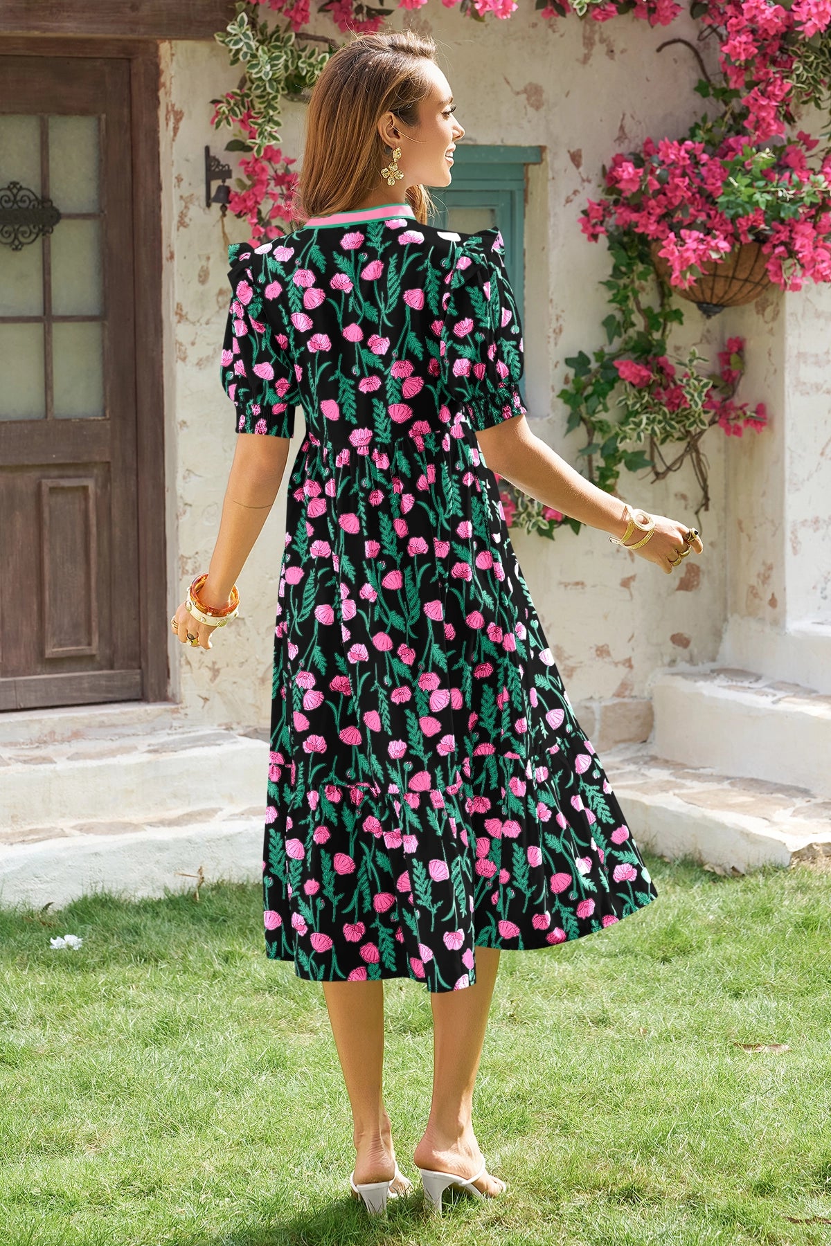 Wenrine Womens Black Floral Swing Flowy Midi Beach Dress