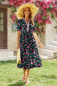 Wenrine Womens Black Floral Swing Flowy Midi Beach Dress