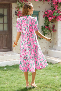 Wenrine Womens Rose Red Floral Swing Flowy Midi Beach Dress