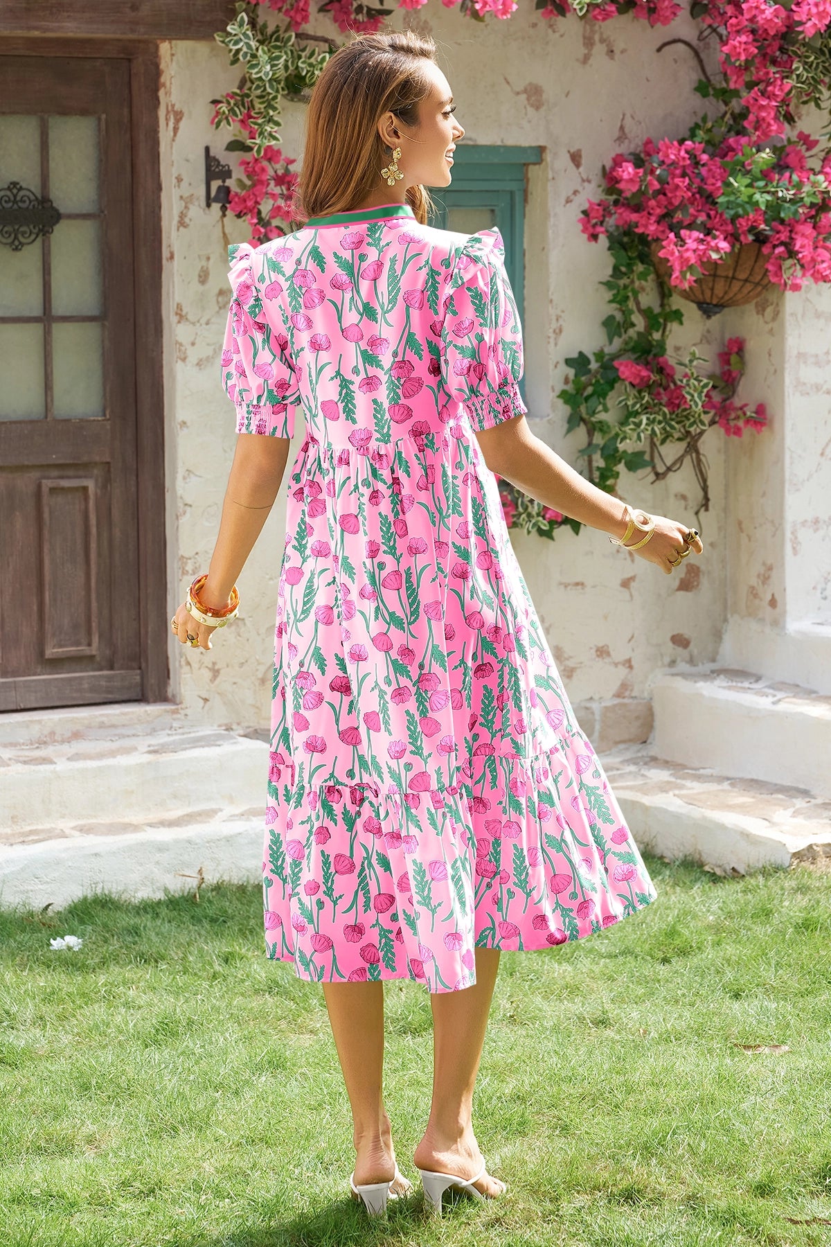 Wenrine Womens Rose Red Floral Swing Flowy Midi Beach Dress