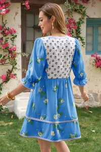 Wenrine Womens Blue Floral Puff Patchwork Shirt Dresses