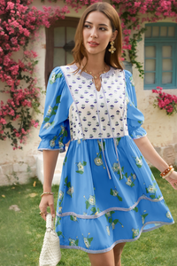 Wenrine Womens Blue Floral Puff Patchwork Shirt Dresses
