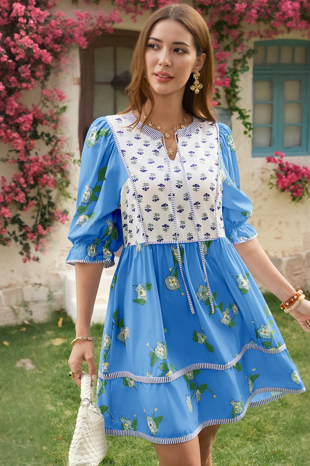 Wenrine Womens Blue Floral Puff Patchwork Shirt Dresses