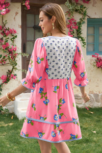 Wenrine Womens Pink Floral Puff Patchwork Shirt Dresses