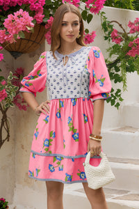 Wenrine Womens Pink Floral Puff Patchwork Shirt Dresses