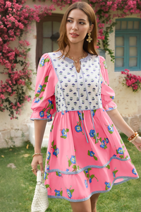 Wenrine Womens Pink Floral Puff Patchwork Shirt Dresses