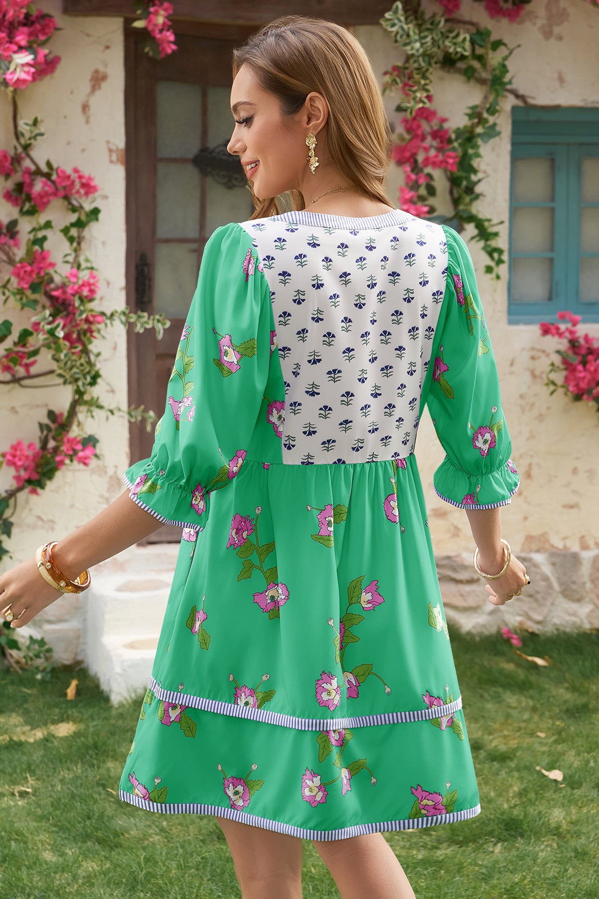 Wenrine Womens Green Floral Puff Patchwork Shirt Dresses