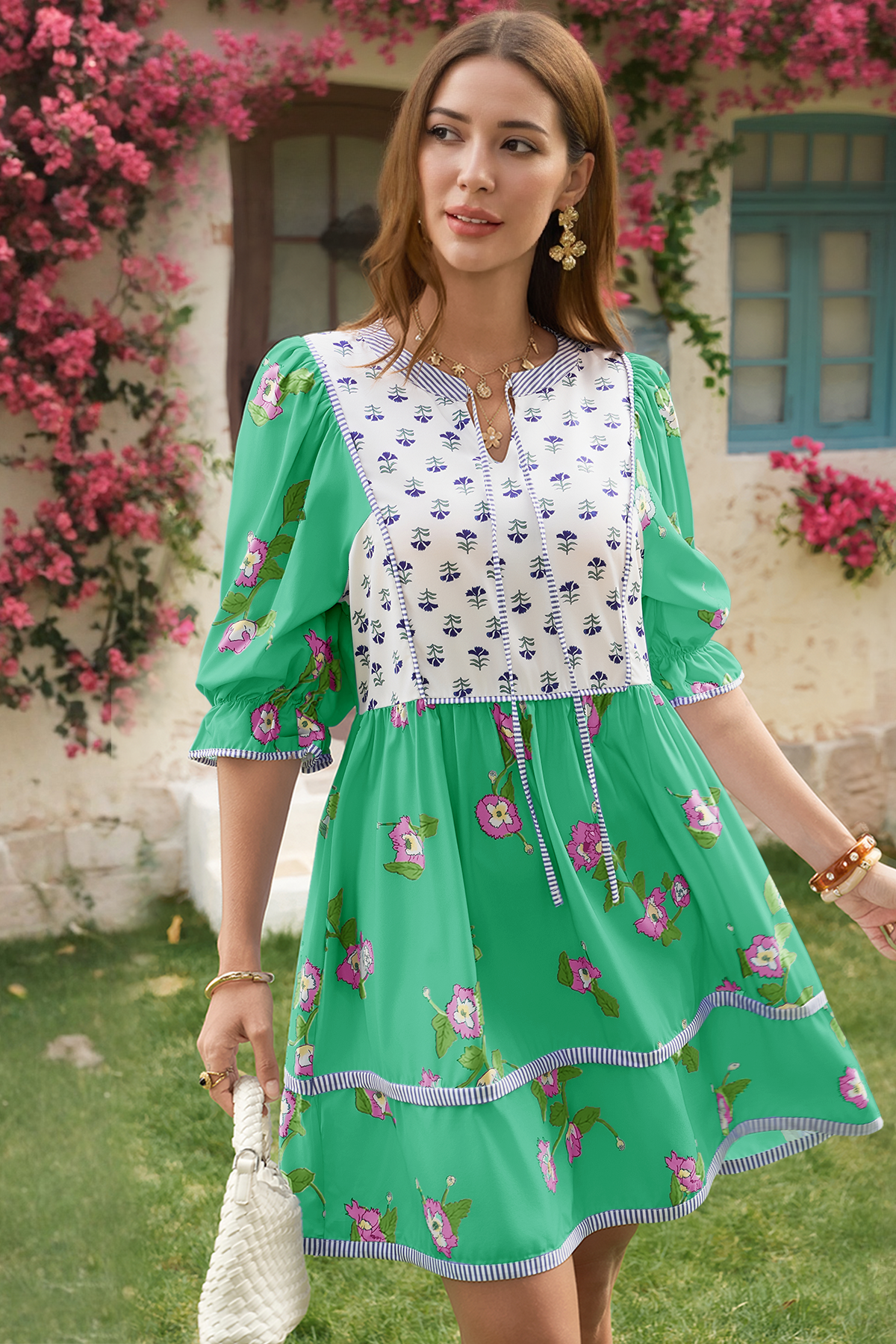 Wenrine Womens Green Floral Puff Patchwork Shirt Dresses