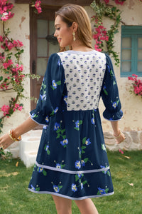 Wenrine Womens Navy Floral Puff Patchwork Shirt Dresses