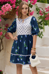 Wenrine Womens Navy Floral Puff Patchwork Shirt Dresses