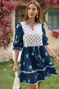 Wenrine Womens Navy Floral Puff Patchwork Shirt Dresses