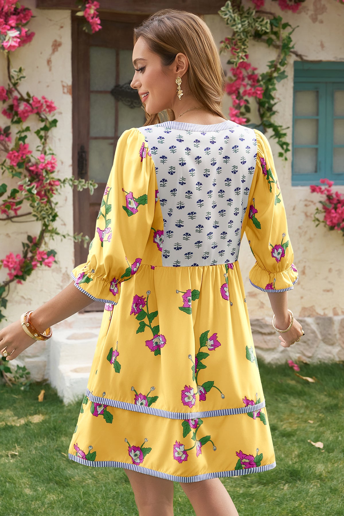 Wenrine Womens Yellow Floral Puff Patchwork Shirt Dresses