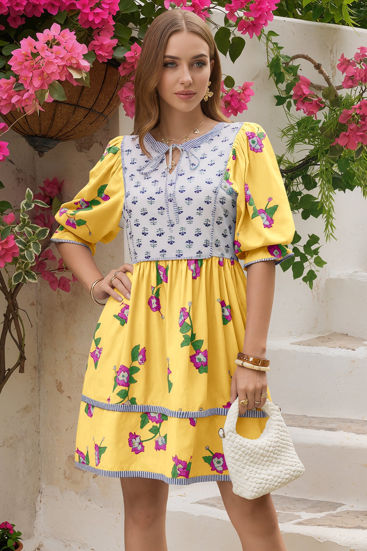 Wenrine Womens Yellow Floral Puff Patchwork Shirt Dresses