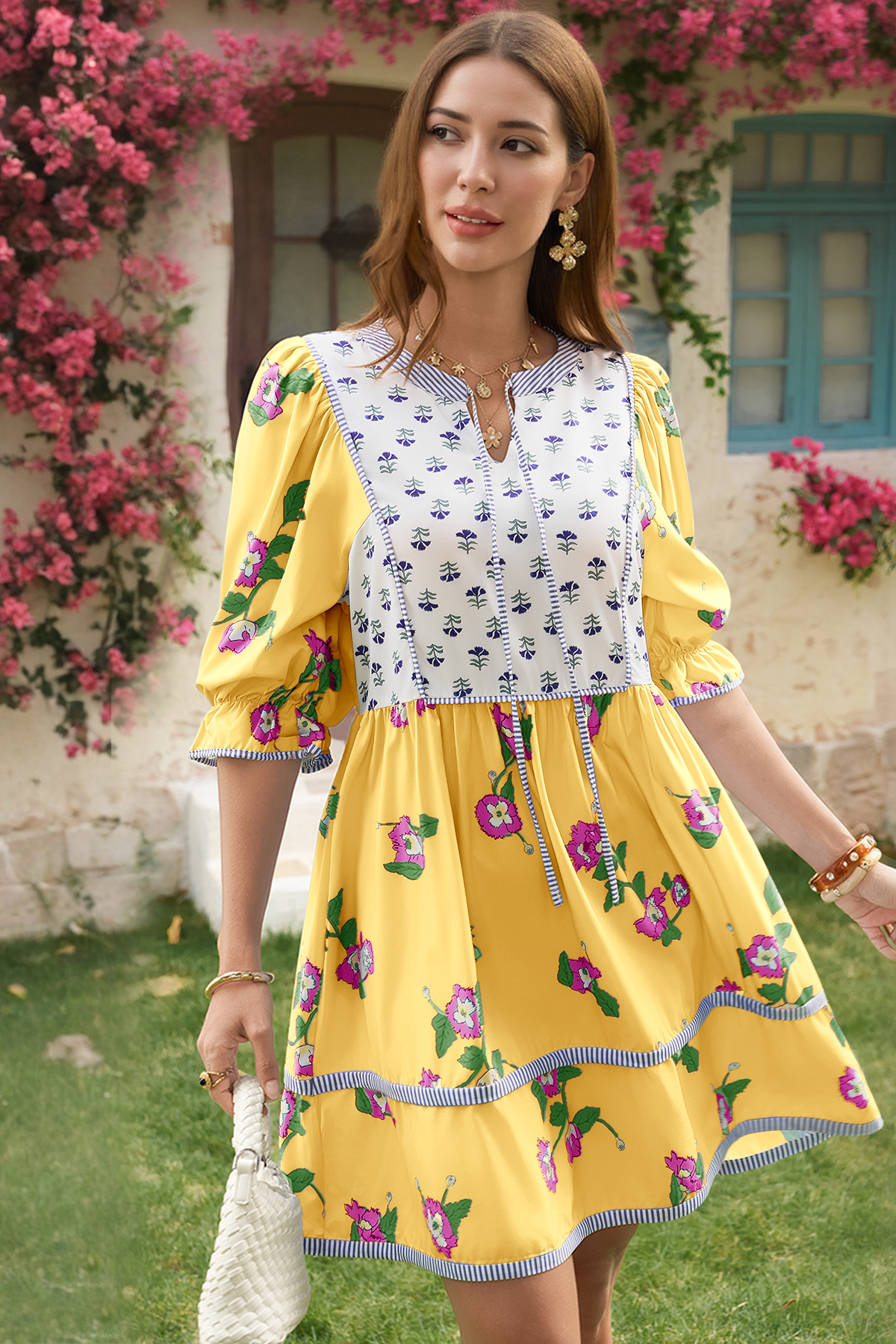 Wenrine Womens Yellow Floral Puff Patchwork Shirt Dresses