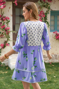 Wenrine Womens Violet Floral Puff Patchwork Shirt Dresses