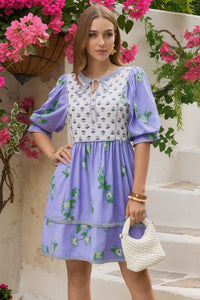 Wenrine Womens Violet Floral Puff Patchwork Shirt Dresses