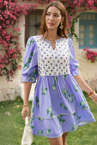 Wenrine Womens Violet Floral Puff Patchwork Shirt Dresses