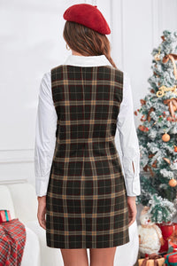 Wenrine Womens Khaki Sleeveless Plaid Christmas Mini Dress