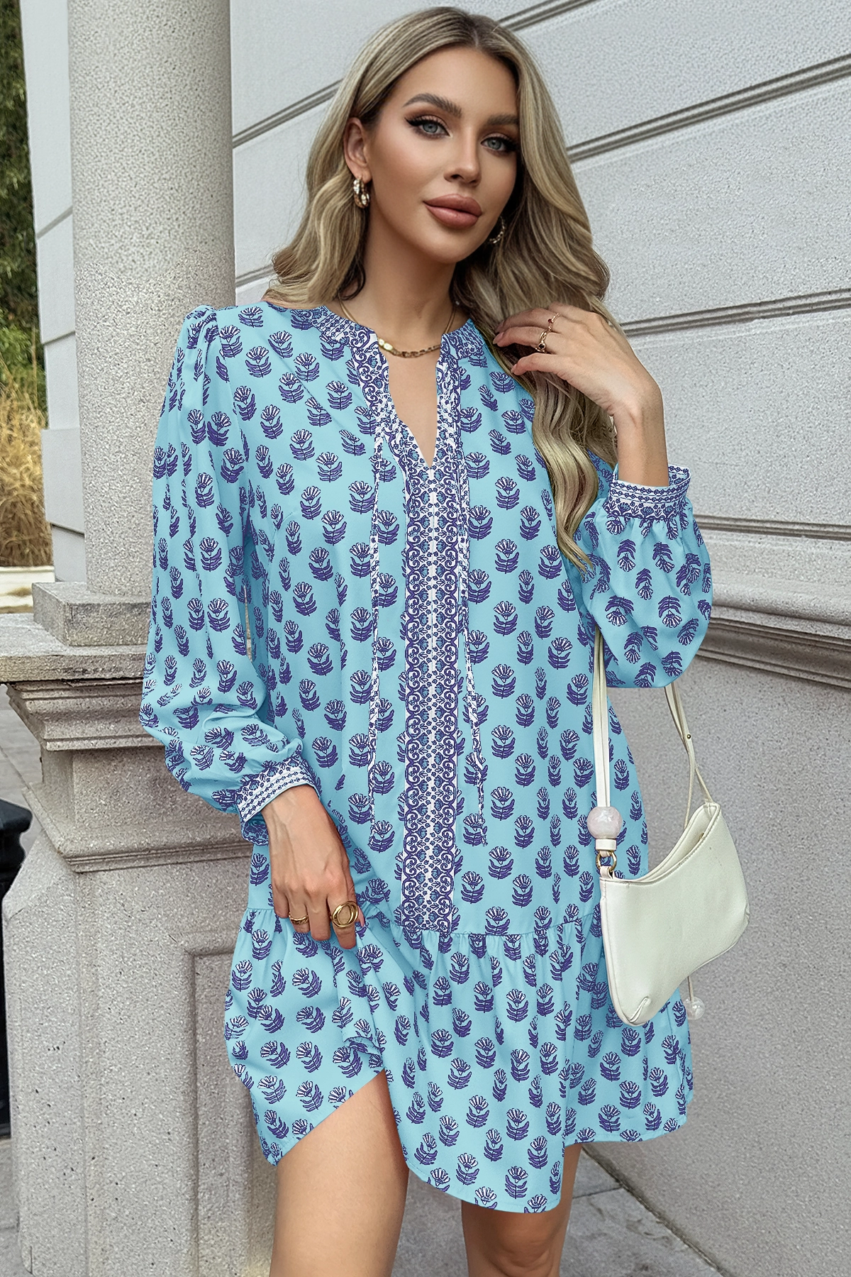 Wenrine Womens Blue Boho Babydol Mini Dress