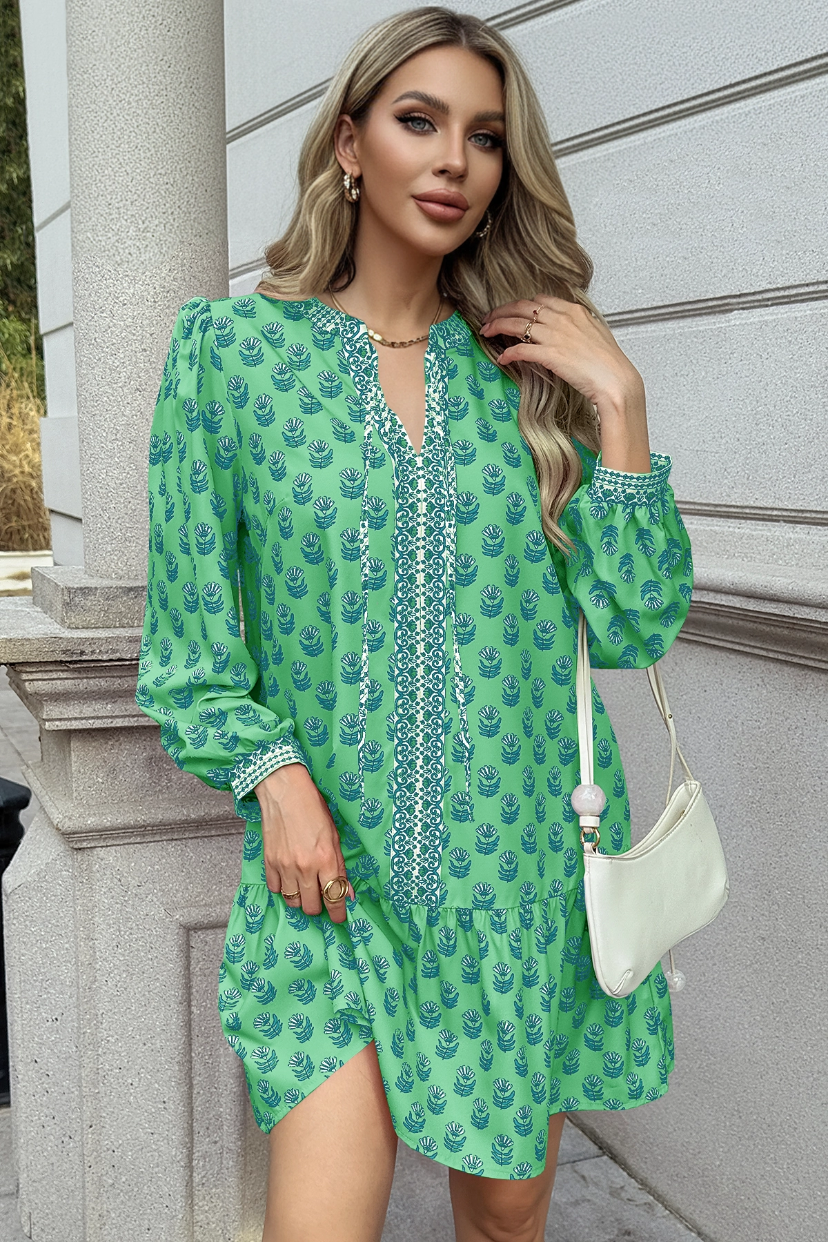 Wenrine Womens Green Boho Babydol Mini Dress