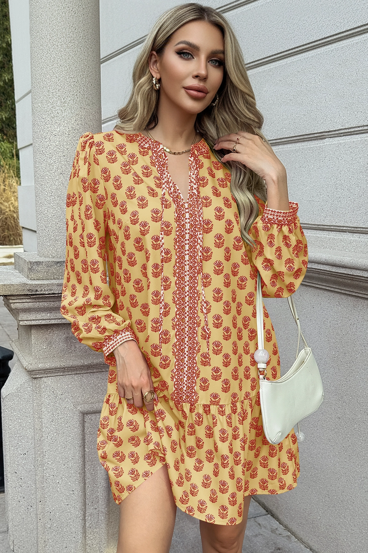 Wenrine Womens Yellow Boho Babydol Mini Dress