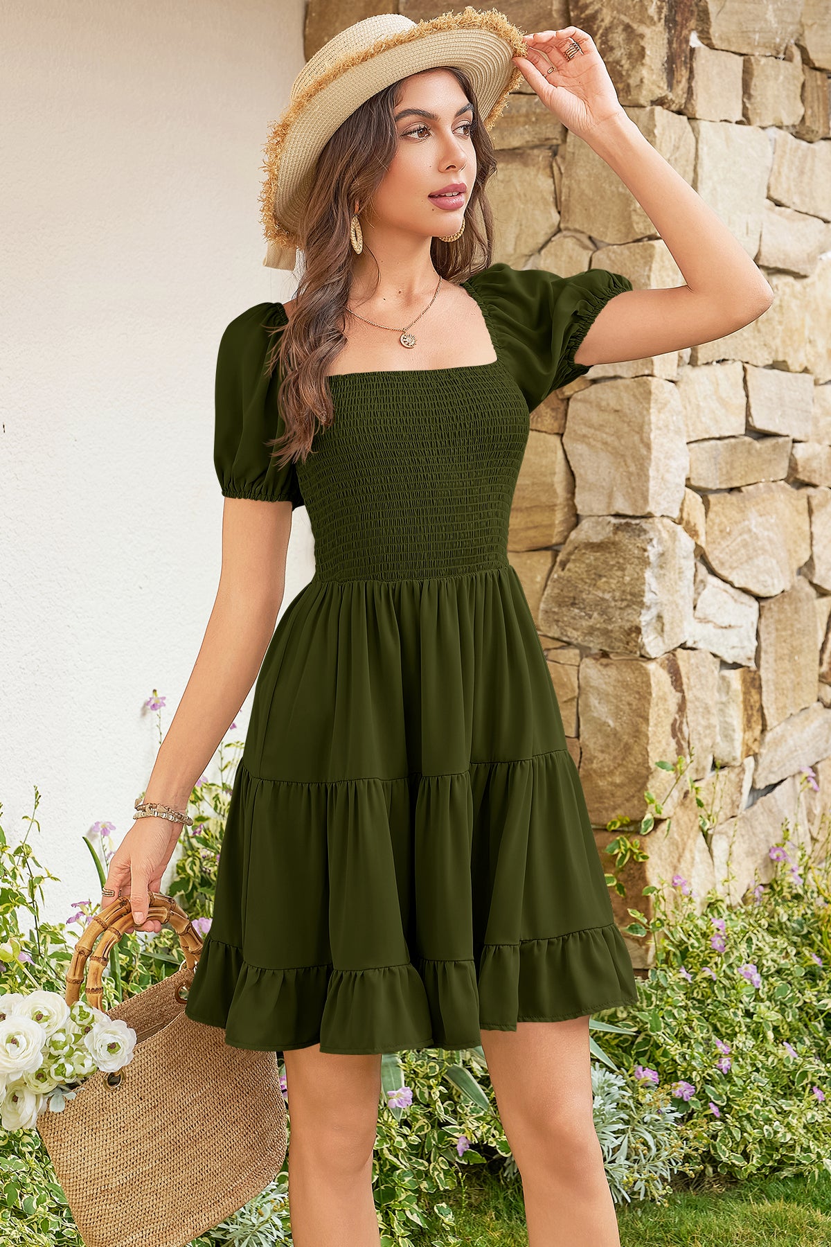Wenrine Womens Army Green Smocked Off Shoulder Ruffle Babydoll Dress