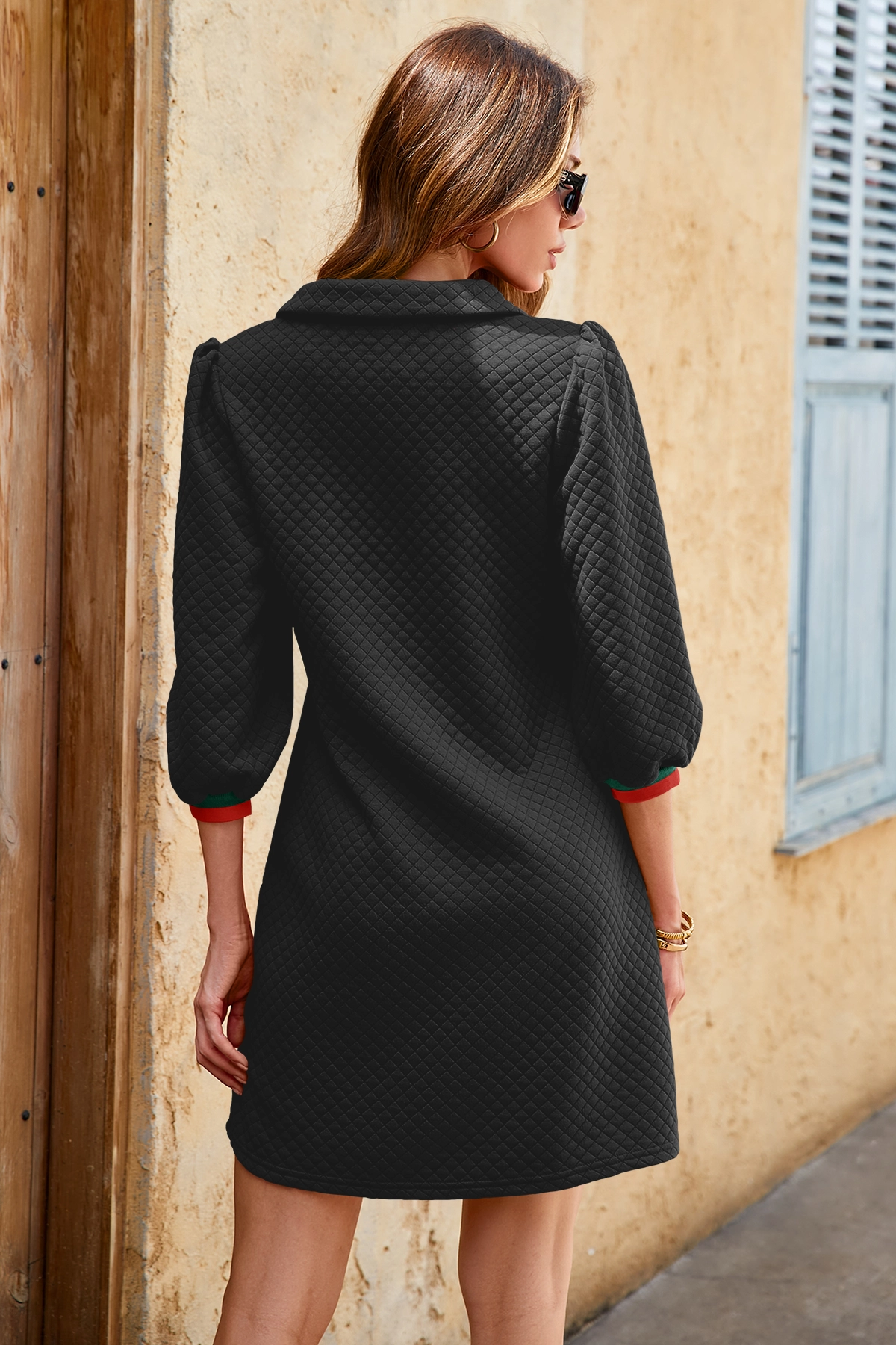 Wenrine Womens Black 3/4 Sleeve Mini Dress