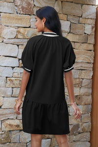 Wenrine Womens Black Puff Sleeve Half Zip Sweatshirt Dresses