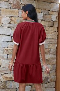 Wenrine Womens Burgundy Puff Sleeve Half Zip Sweatshirt Dresses